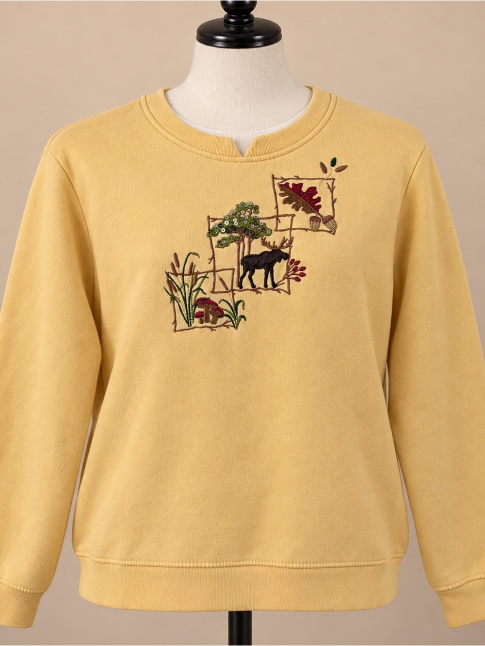Embroidered Moose Woodland Cottagecore Sweatshirt Yellow XL